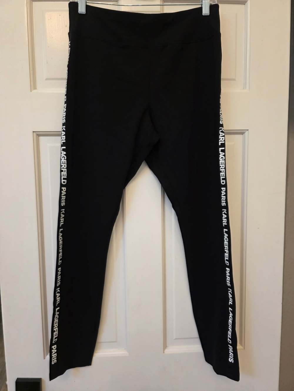 Karl Lagerfeld Black Leggings with White Logo Side Stripes, Size Medium